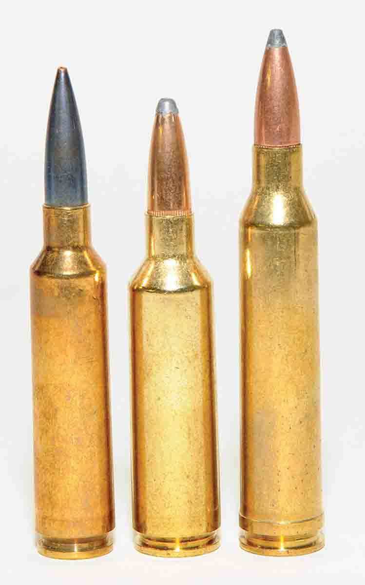 Popular long-range hunting cartridges include (left to right): the 6.5-284 Norma, .270 WSM and 7mm Remington Magnum. All can be effective at great distances if handloads are developed for the purpose.
